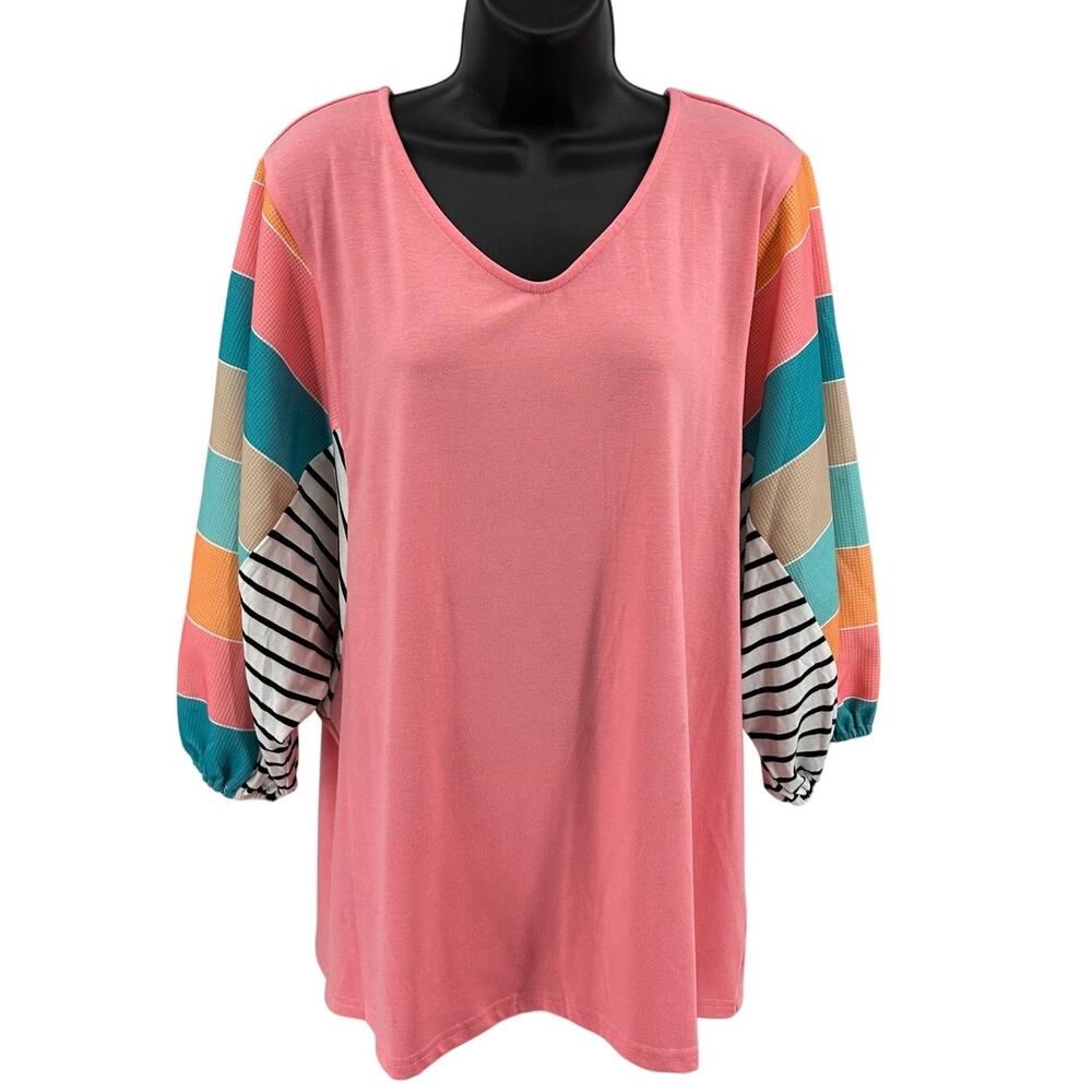 Womens Shirt SZ L Peasant Orange Colorblock Striped V-Neck 3/4 Sleeves Pullover